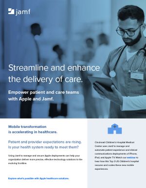 Thumbnail preview of asset: Image displays male healthcare worker with beard and glasses is looking at an iPad in a healthcare setting, and the first page of content.