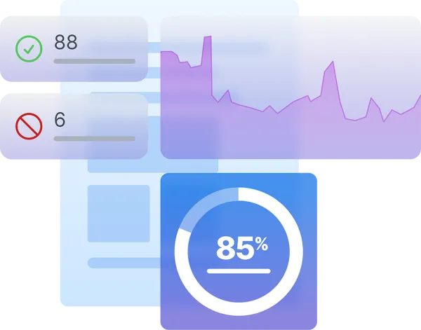 An abstract Jamf data dashboard illustration featuring a purple line graph, status indicators for 88 and 6, and a blue card with an 85% progress circle.