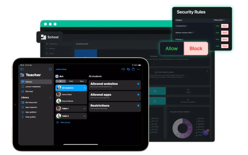 Image of an iPad showing Jamf teacher and window of a Mac showing Security Rules