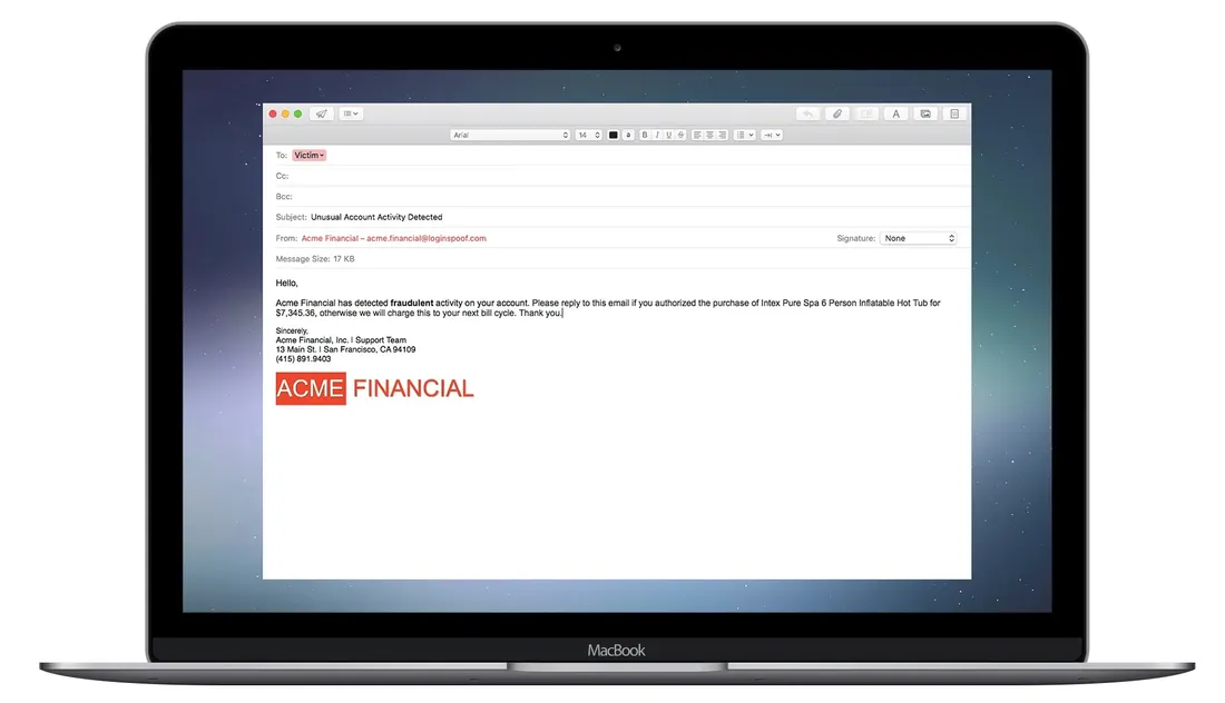 An image of a fake email from