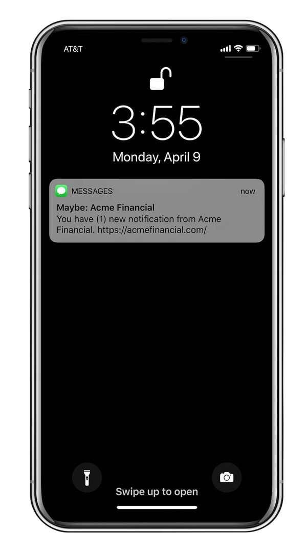 An image of an iPhone screen with a notification for a text message notification from