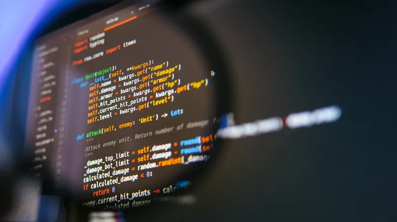 Magnifying glass is on top of computer code on computer screen.